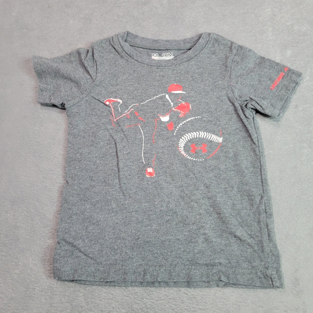 Under Armour T-Shirt Boys 18M Grey Baseball Pitcher HeatGear‎ Graphic Tee Short